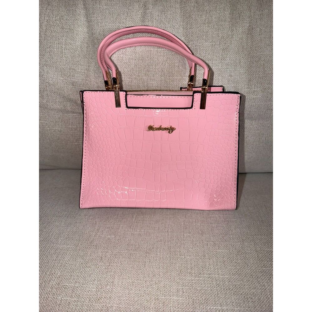 Pink Croc Embossed Women’s Handbag – Top Handle Purse – Gold Hardware – New